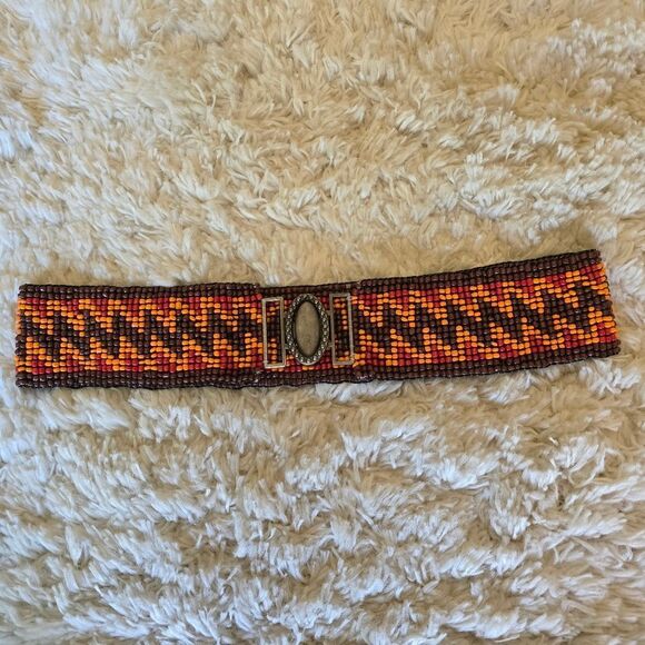 Vintage Orange Red Brown‎ Beaded Zigzag Pattern Elastic Belt Western Boho main image 7